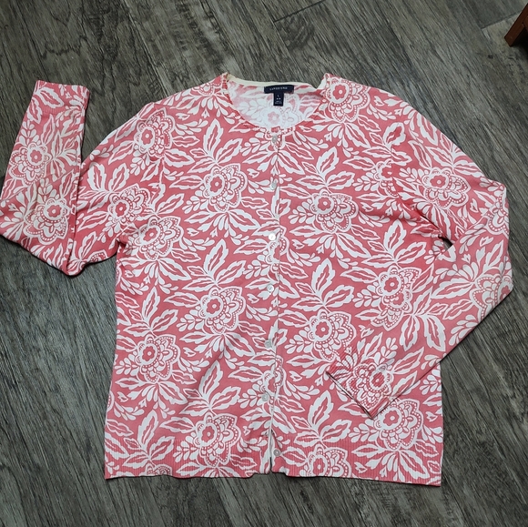Lands End peachy color floral button front cardigan sweater Size L - Picture 1 of 12